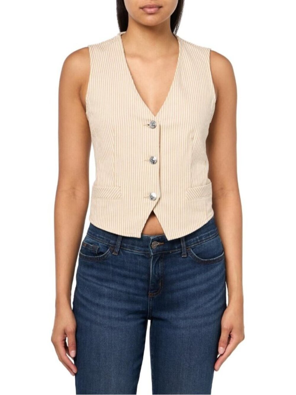 Women's Khaki 100% Cotton Crew Neck Sleeveless Regular Classic Fit Selene Vest